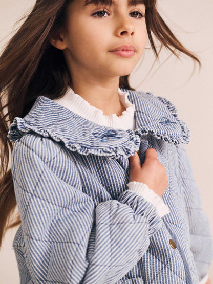 Veste en jean vintage à col lavallière | Rayures bleues | Huxbaby