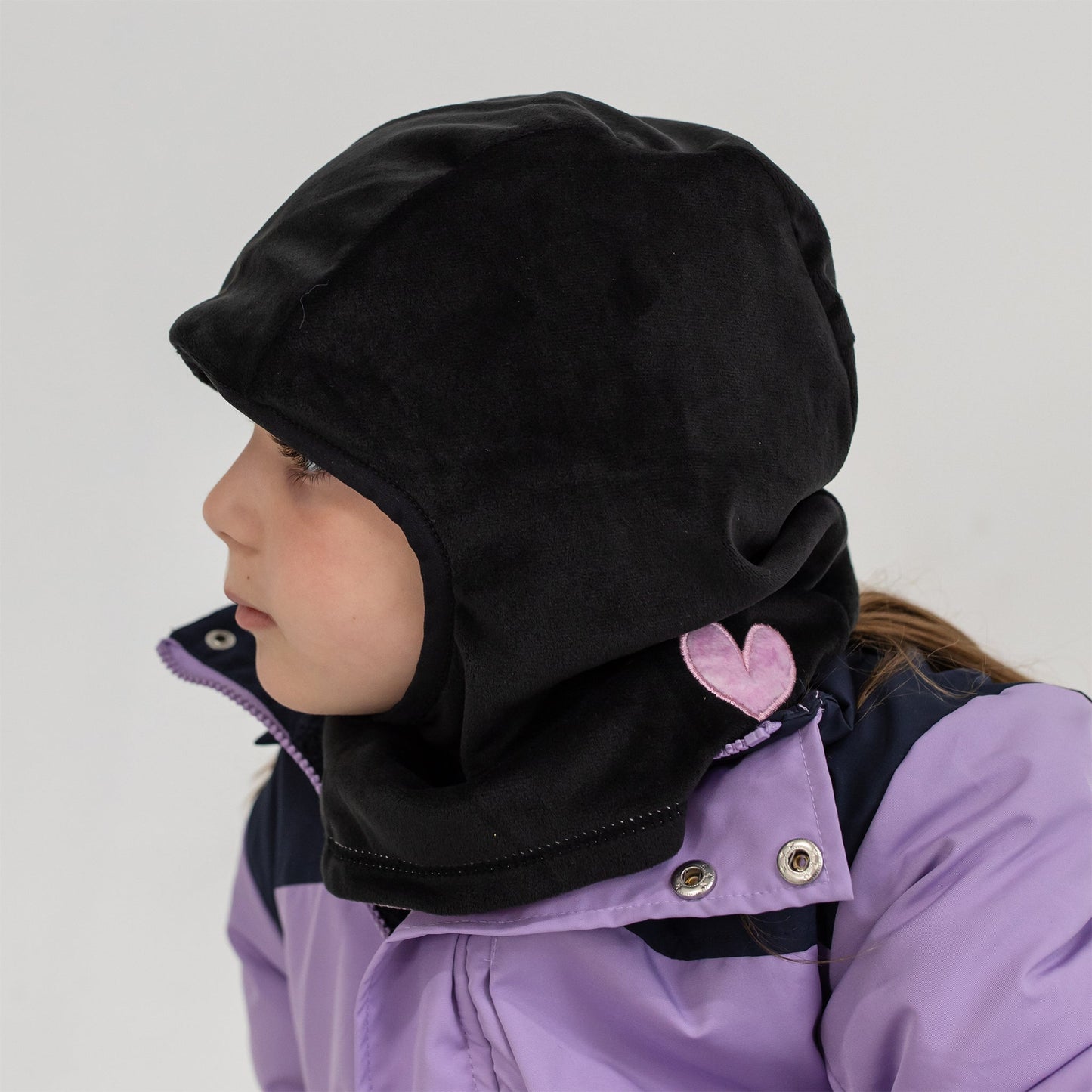 Cagoule réversible micropolaire noire cœur pivoine rose