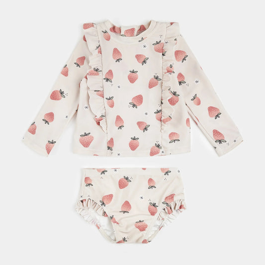Ensemble anti-UV à manches longues motifs fraises sur crème | Petit Lem