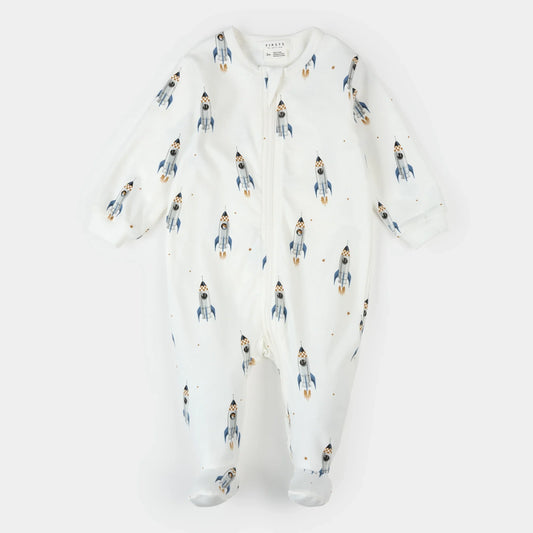 Rocket Print on Off White Footed Sleeper | Petit Lem