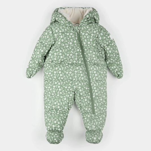 Hooded Baby Snowsuit | Floral Print on Sage Green | Petit Lem