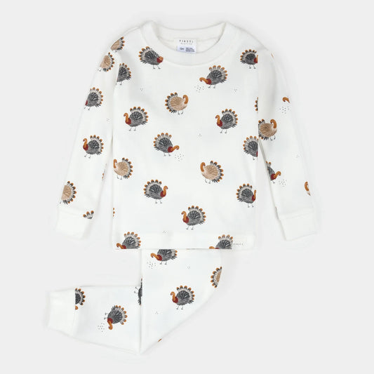 Turkey Print on Off-White Infant PJ Set | Petit Lem