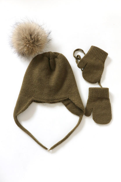 Ensemble bonnet à pompon et moufles en laine Pine