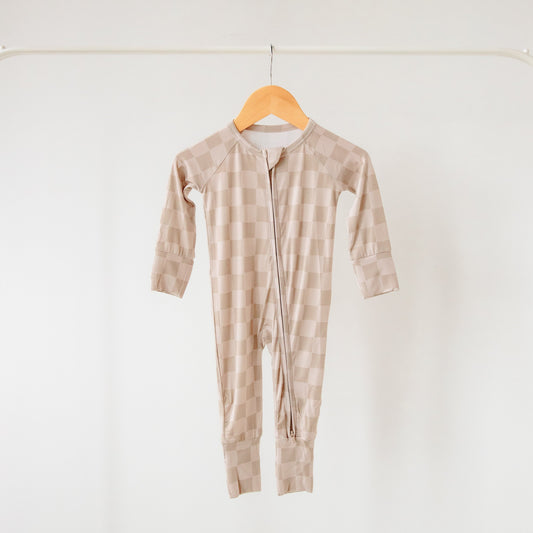 Taupe Checkerboard Bamboo Zippered Romper