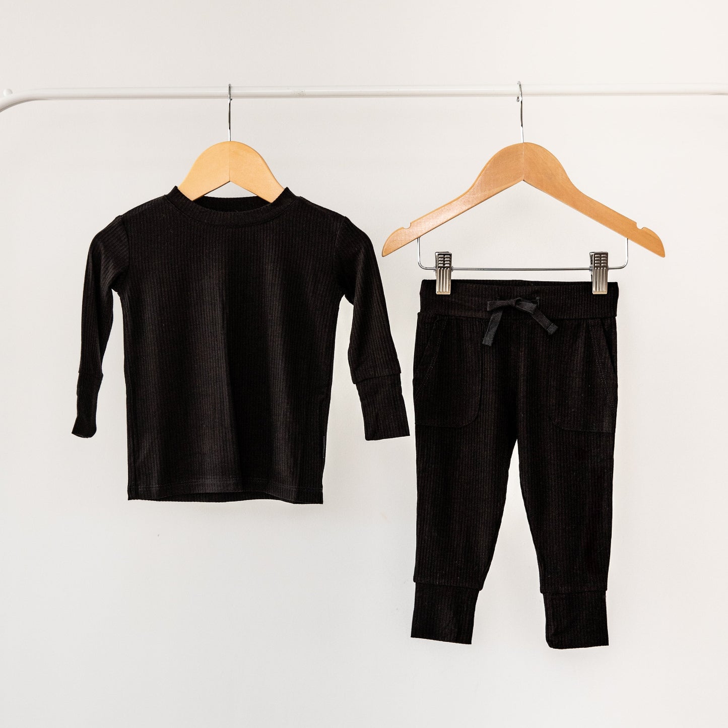 Jet Black Ribbed Bamboo 2-Piece Long Sleeve Jogger Set