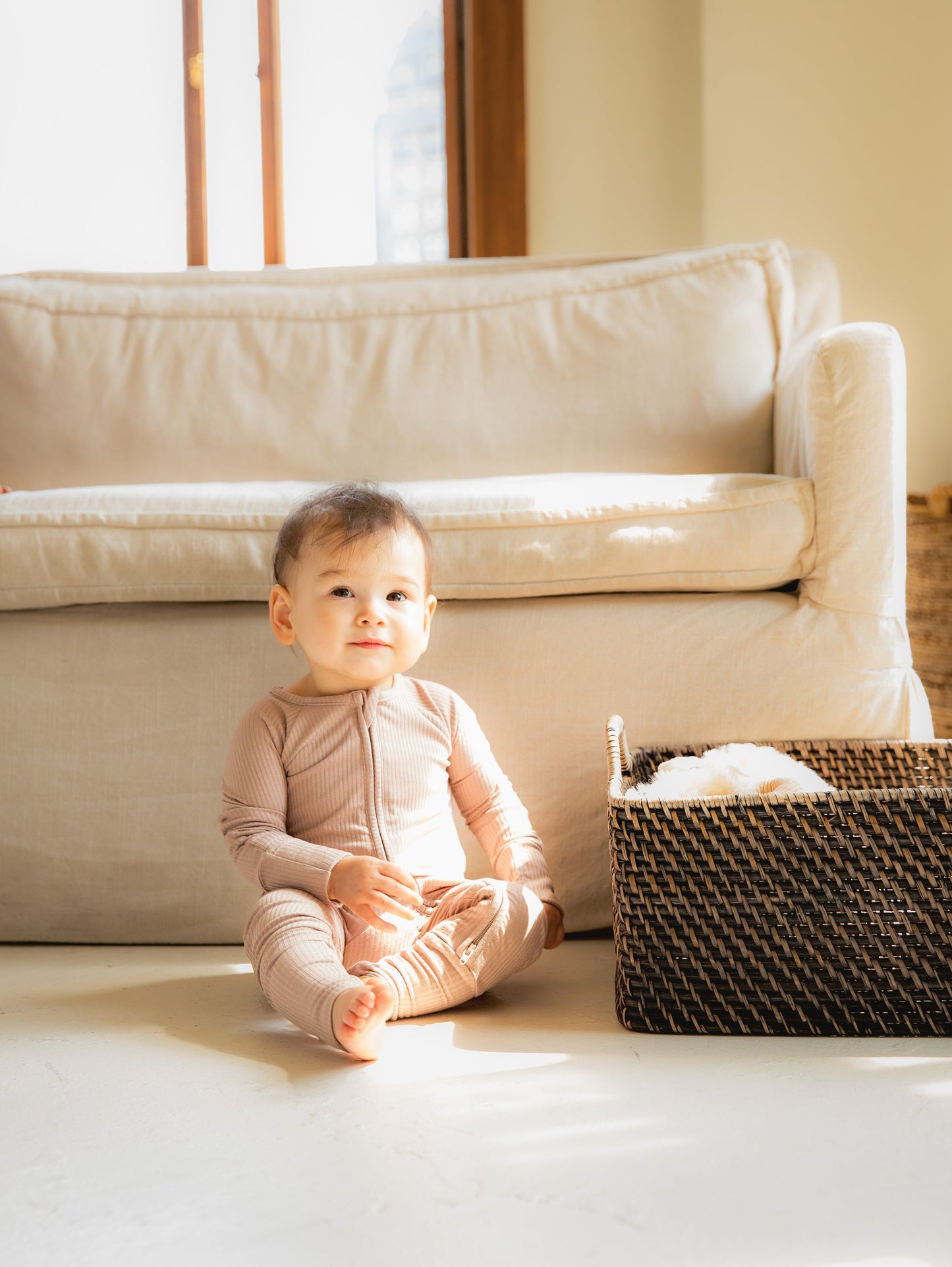 Sandy Taupe Ribbed Bamboo Convertible Zippered Romper