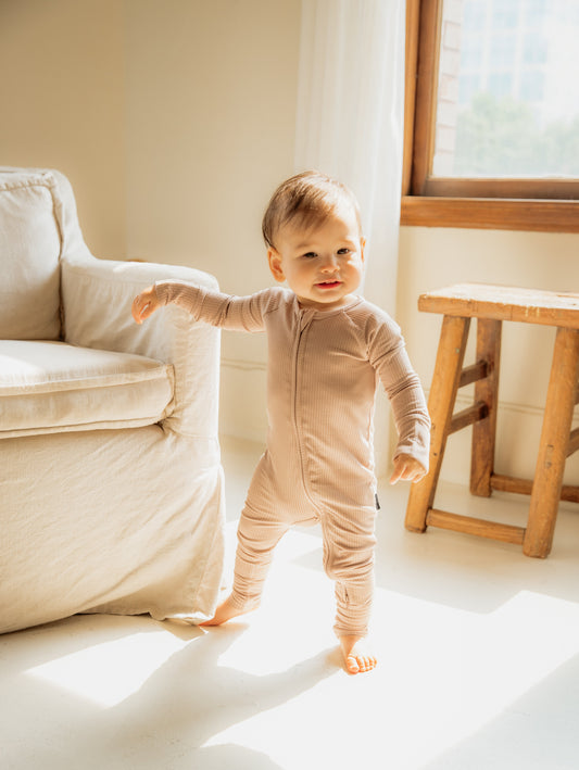 Sandy Taupe Ribbed Bamboo Convertible Zippered Romper