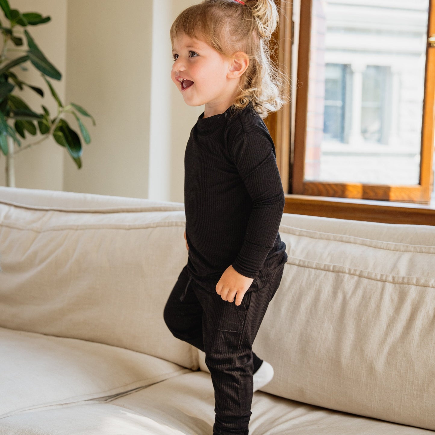 Jet Black Ribbed Bamboo 2-Piece Long Sleeve Jogger Set