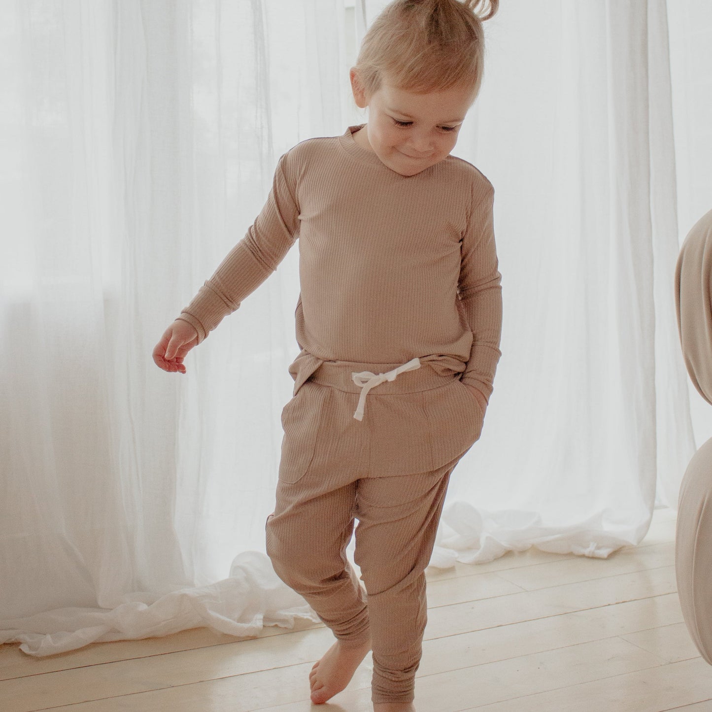 Sandy Taupe Ribbed Bamboo 2-Piece Long Sleeve Jogger Set