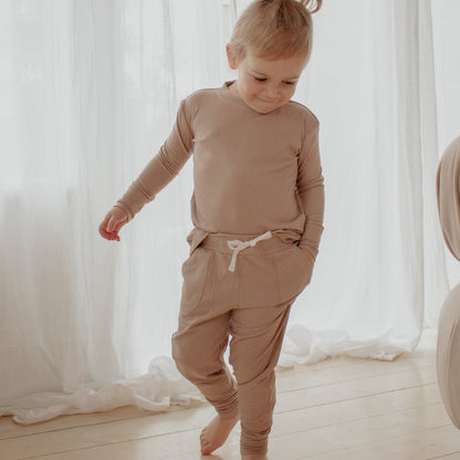 Sandy Taupe Ribbed Bamboo 2-Piece Long Sleeve Jogger Set