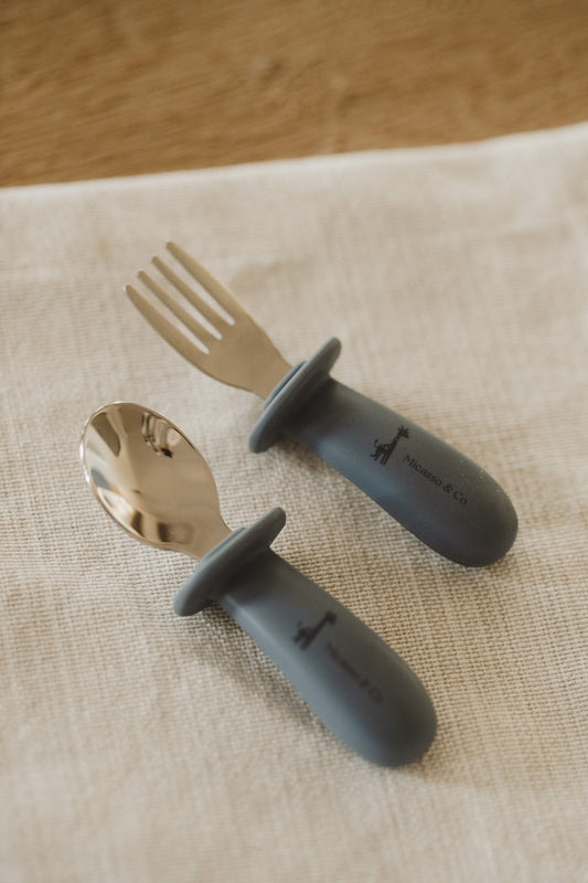Ensemble de cuillère et fourchette en silicone et métal