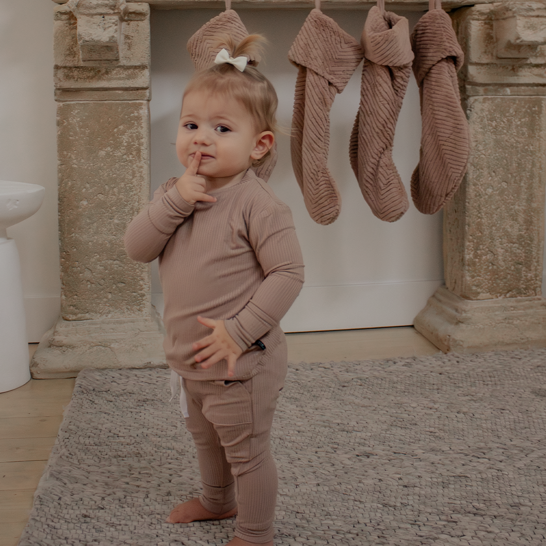 Sandy Taupe Ribbed Bamboo 2-Piece Long Sleeve Jogger Set