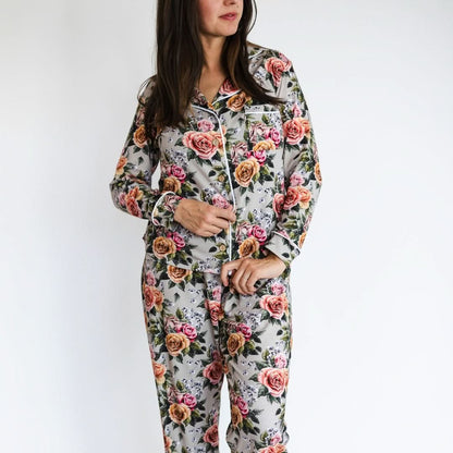 Ensemble de nuit long en bambou à manches longues boutonnée pour femme | Olive