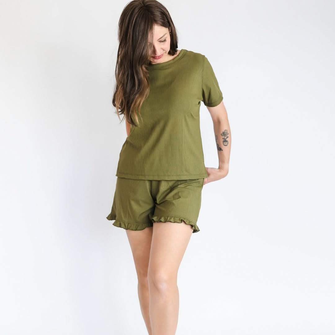 Ladies' Bamboo 2-Piece Short Sleeve Lounge Set | Olive Rib