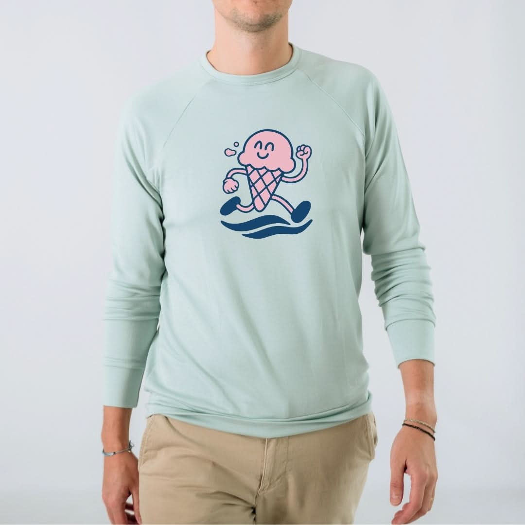 Haut à manches raglan unisexe/homme en bambou à motif graphique | « Le bonheur vient par vagues » | Marine et bleu