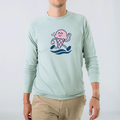 Adult Unisex/Men's Rayon from Bamboo Graphic Raglan Pullover | "Happiness Comes In Waves" | Navy & Blue