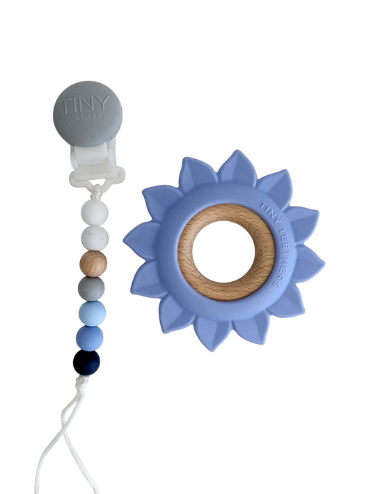 Flower Teether on a Pacifier Clip – Silicone & Wood