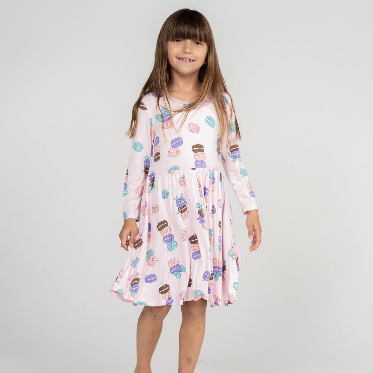 Bamboo Jersey Long Sleeve Twirl Dress w/ Bloomer (Macaron Party Print)