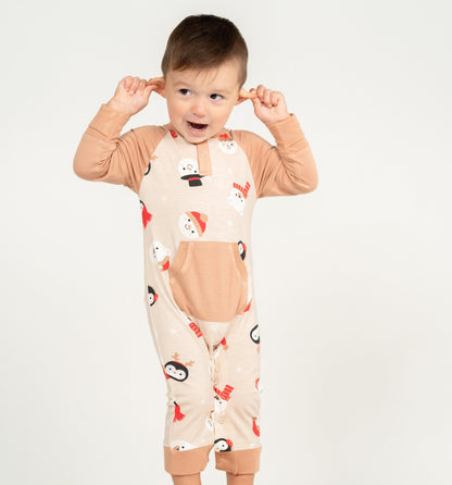 Bamboo Long Sleeve Romper with Kangaroo Pocket (Snowy Faces Print)