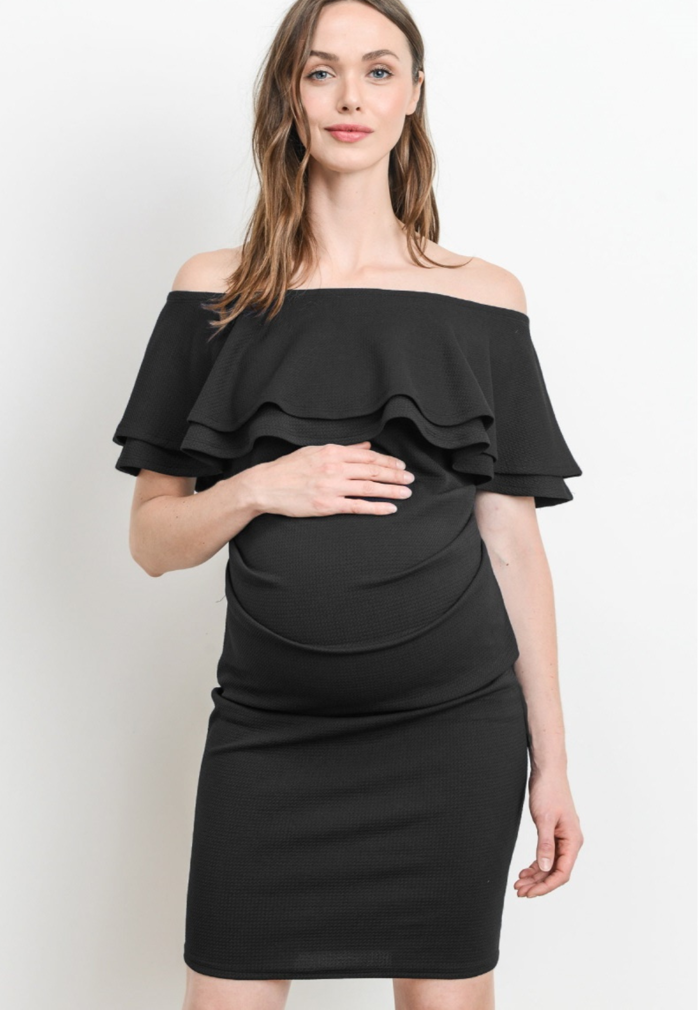 Robe de maternité épaules dénudées à double volant