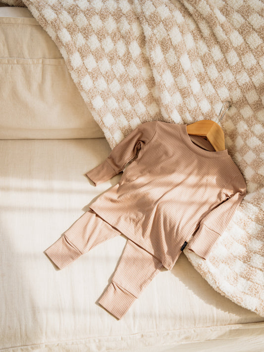 Sandy Taupe Ribbed Bamboo 2-Piece Long Sleeve Jogger Set