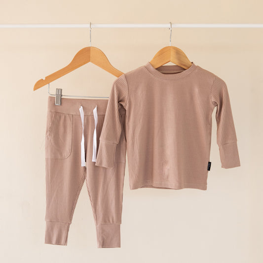 Sandy Taupe Ribbed Bamboo 2-Piece Long Sleeve Jogger Set