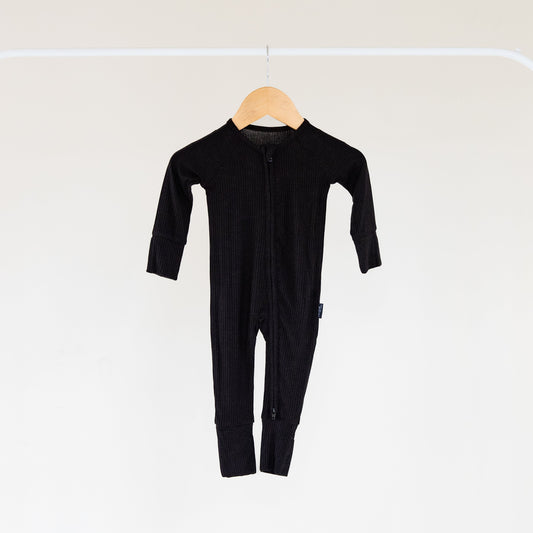 Jet Black Ribbed Bamboo Convertible Zippered Romper