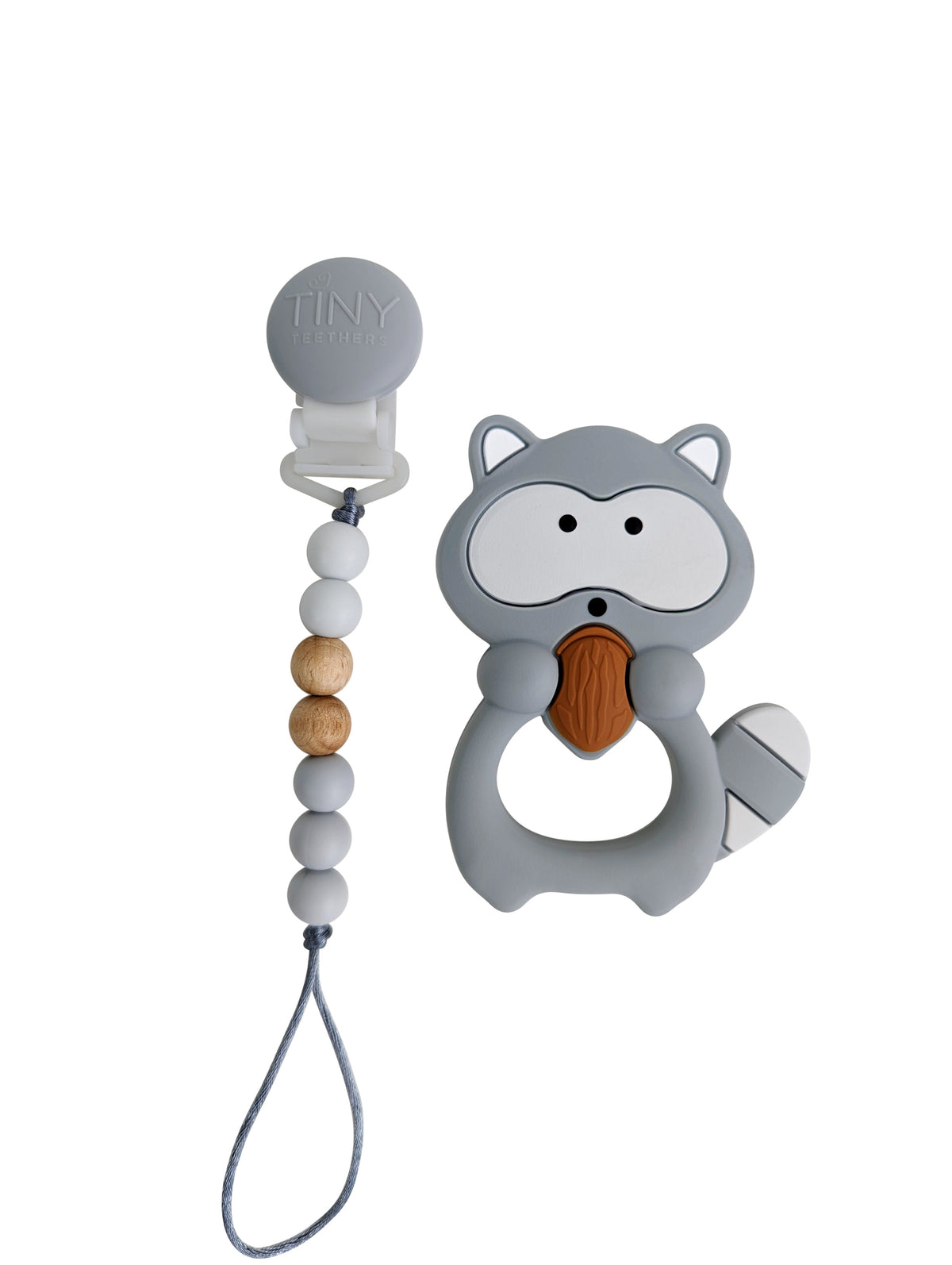 Raccoon Silicone Teether on a Pacifier Clip