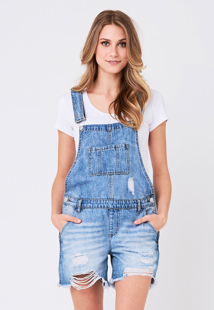 Distressed Denim Maternity Short Overalls