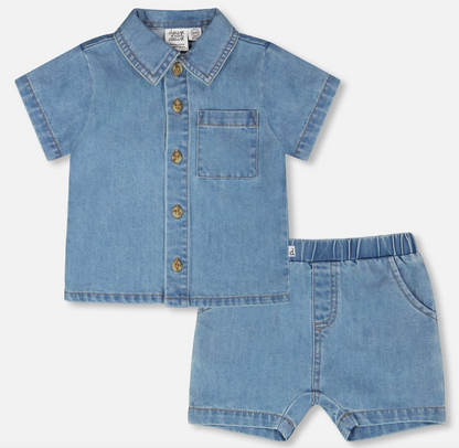 Ensemble short et chemise | Chambray bleu clair | Deux par Deux