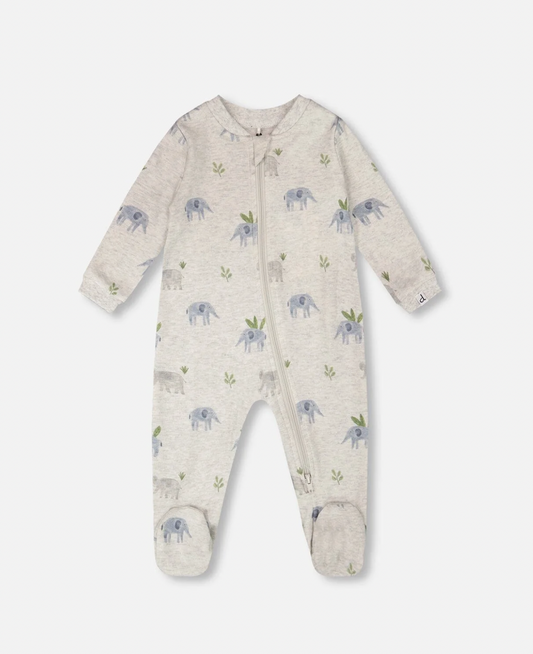 Pyjama une pièce en coton biologique | Imprimé éléphant sur gris | Deux par Deux
