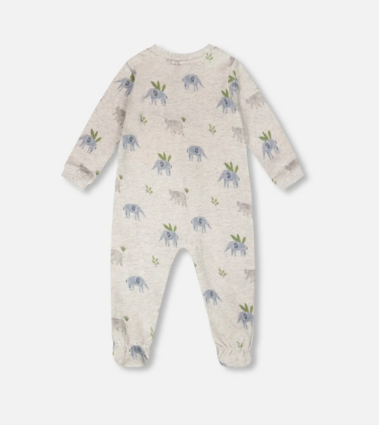 Pyjama une pièce en coton biologique | Imprimé éléphant sur gris | Deux par Deux