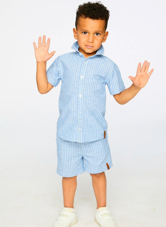 Chemise en chambray à manches courtes | Rayures denim | Deux Par Deux