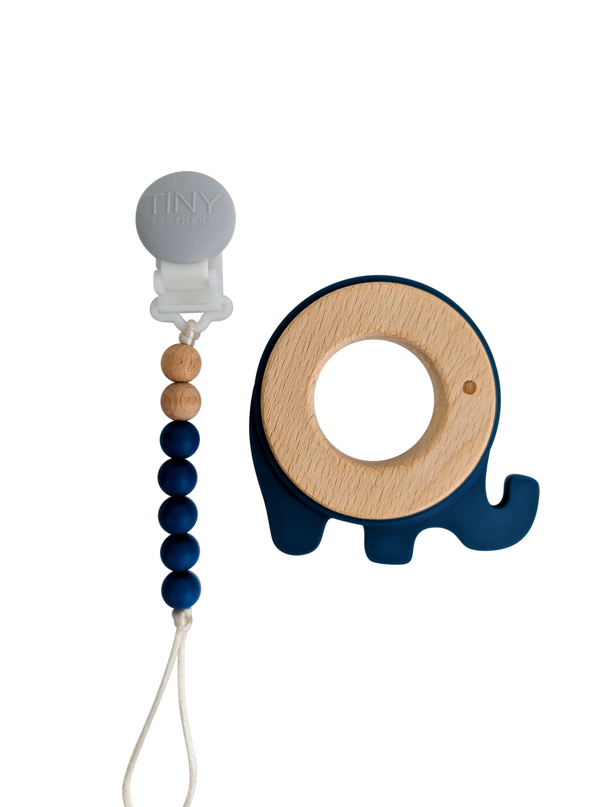 Elephant Silicone and Wood Teether on a Pacifier Clip