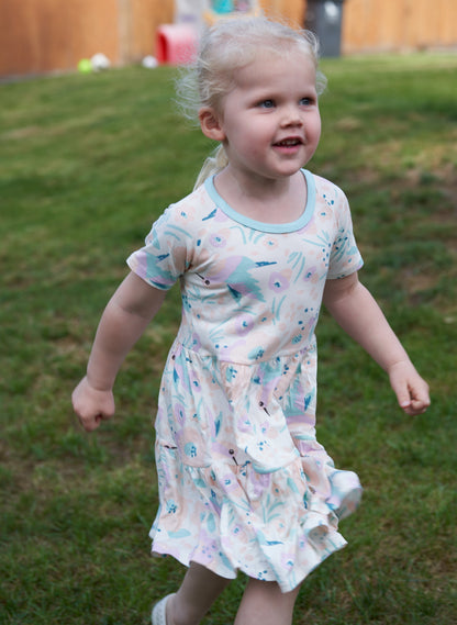 Rayon from Bamboo Tiered Jersey Dress with Bloomer (Hummingbird Garden Print)