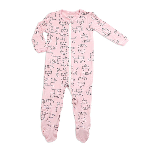 Bamboo Printed Footies with Easy Dressing Zipper - Cat Print (Blossom)