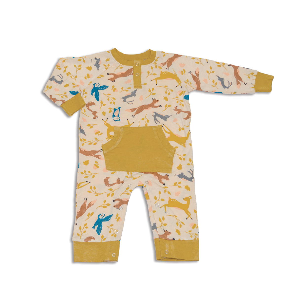Bamboo Long Sleeve Romper w/Kangaroo Pocket (Woodland Frolic Print)