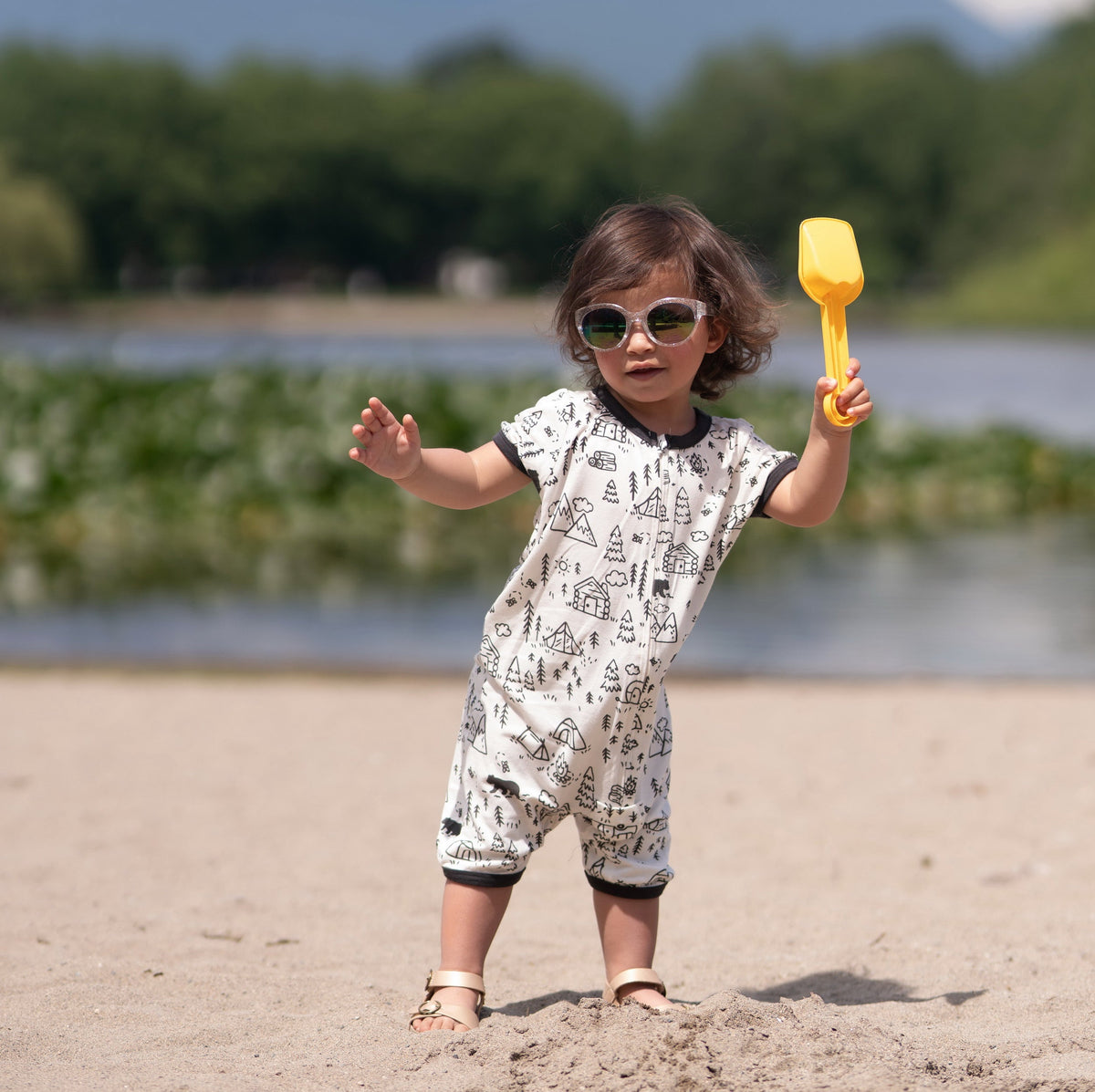 Bamboo Short Sleeve Zippy Romper (Doodle Camp Print)