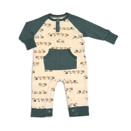Bamboo Long Sleeve Romper with Kangaroo Pocket (All Aboard Print)