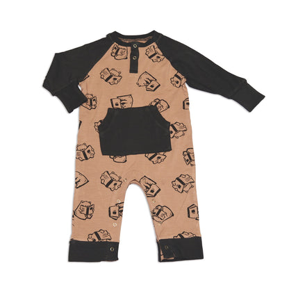 Bamboo Long Sleeve Romper with Kangaroo Pocket (Story Book Bear Print)