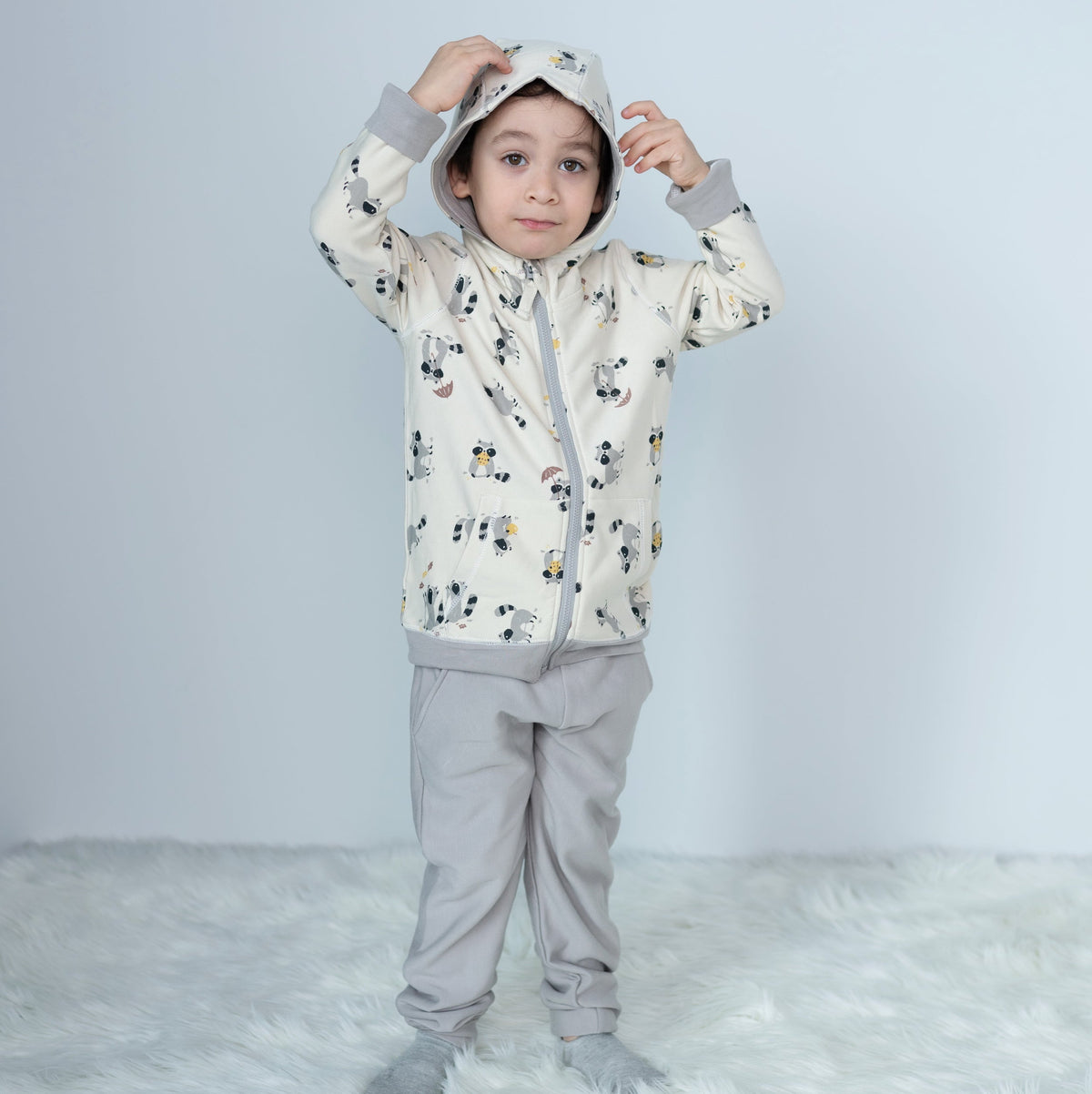 Bamboo Fleece Zip Hoodie w/Kangaroo Pocket (Autumn Raccoon Print)