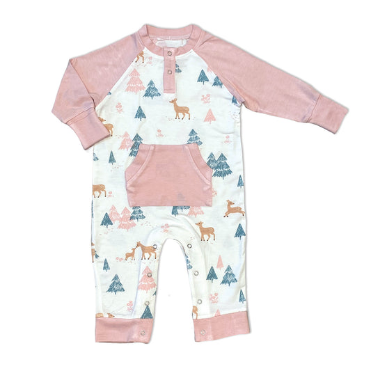 Bamboo Long Sleeve Romper with Kangaroo Pocket (Deer Forest Print)