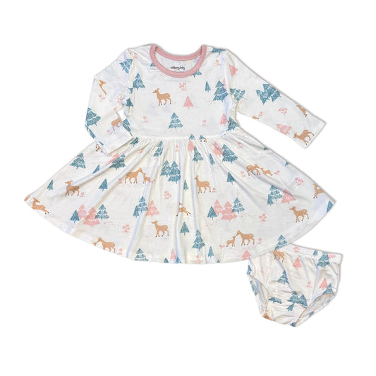 Bamboo Jersey Flare Long Sleeve Dress with Bloomer (Deer Forest Print)
