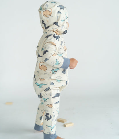 Bamboo Fleece Hooded Romper with 2 Way Zipper (Dino Delight Print)