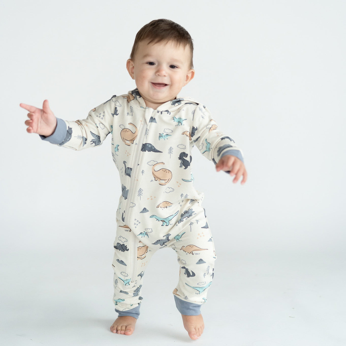 Bamboo Fleece Hooded Romper w/2 Way Zipper (Dino Delight Print)