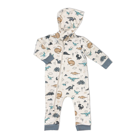 Bamboo Fleece Hooded Romper with 2 Way Zipper (Dino Delight Print)