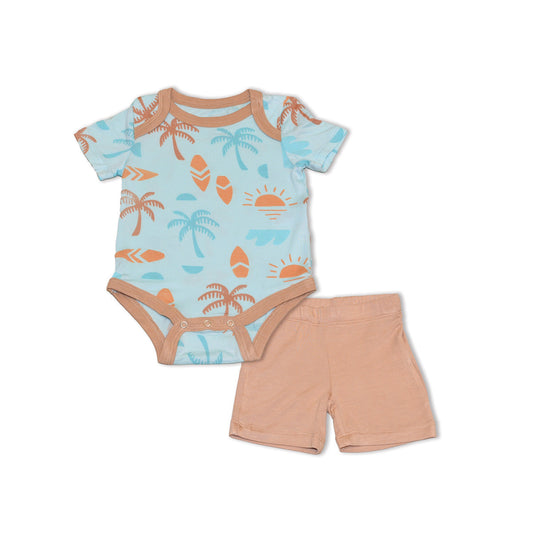 Bamboo Short Sleeve Onesie & Short Set (Sunny Shores Print/Maple Sugar)
