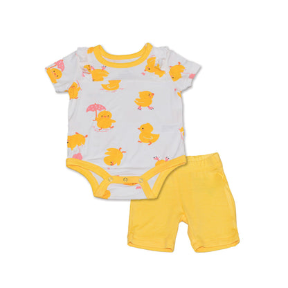 Bamboo Ruffle Onesie & Knee Leggings (Little Chick Print/Banana)