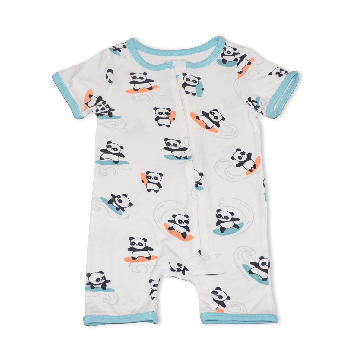 Bamboo Short Sleeve Zippy Romper (Surfs Up Panda Print)