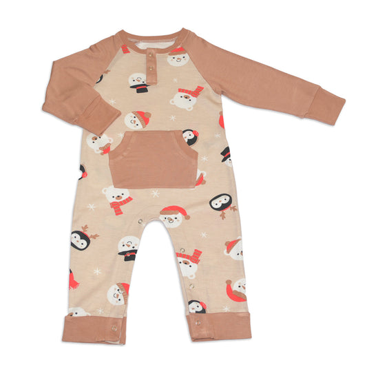 Bamboo Long Sleeve Romper with Kangaroo Pocket (Snowy Faces Print)